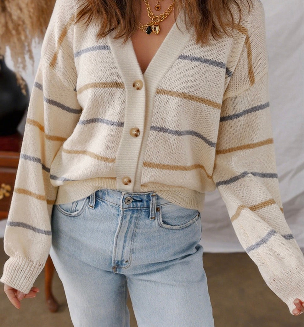 Cozy Neutral Striped Button Cardigan