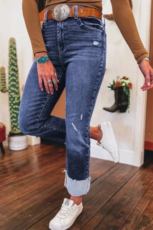 Western Cuffed Distressed High-Rise Jeans